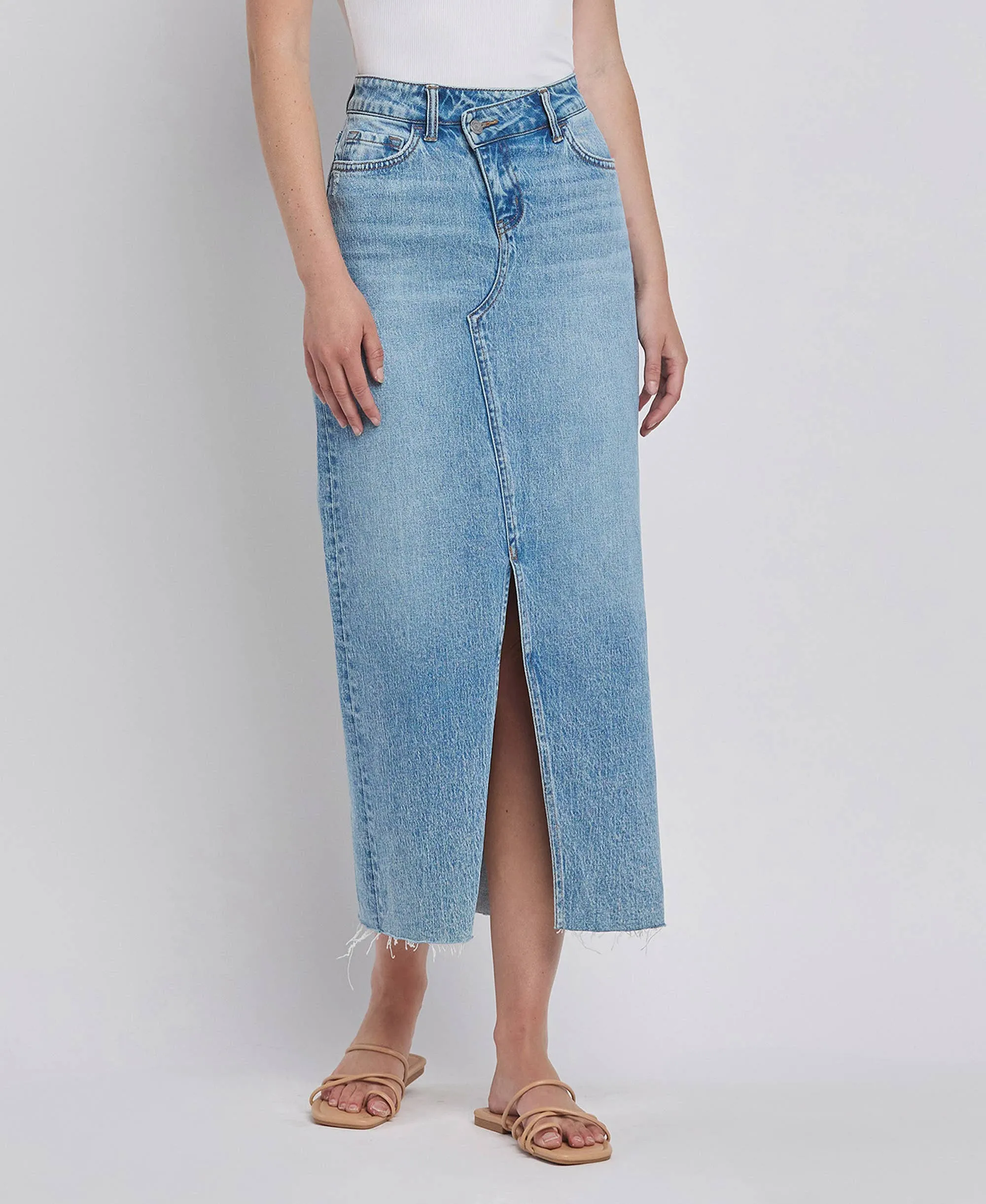 Leave it All Behind Criss Cross Front Slit Maxi Denim Skirt