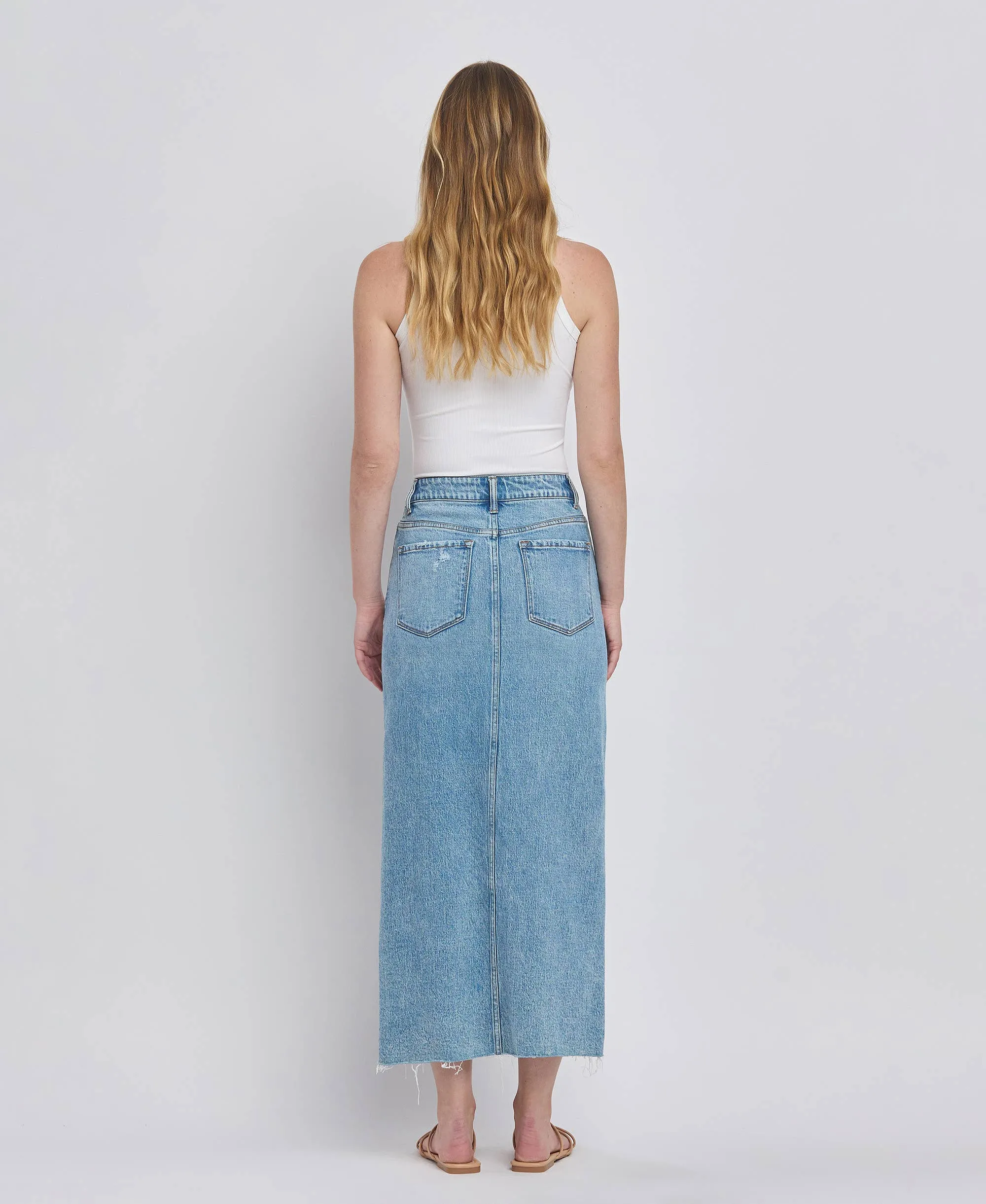 Leave it All Behind Criss Cross Front Slit Maxi Denim Skirt