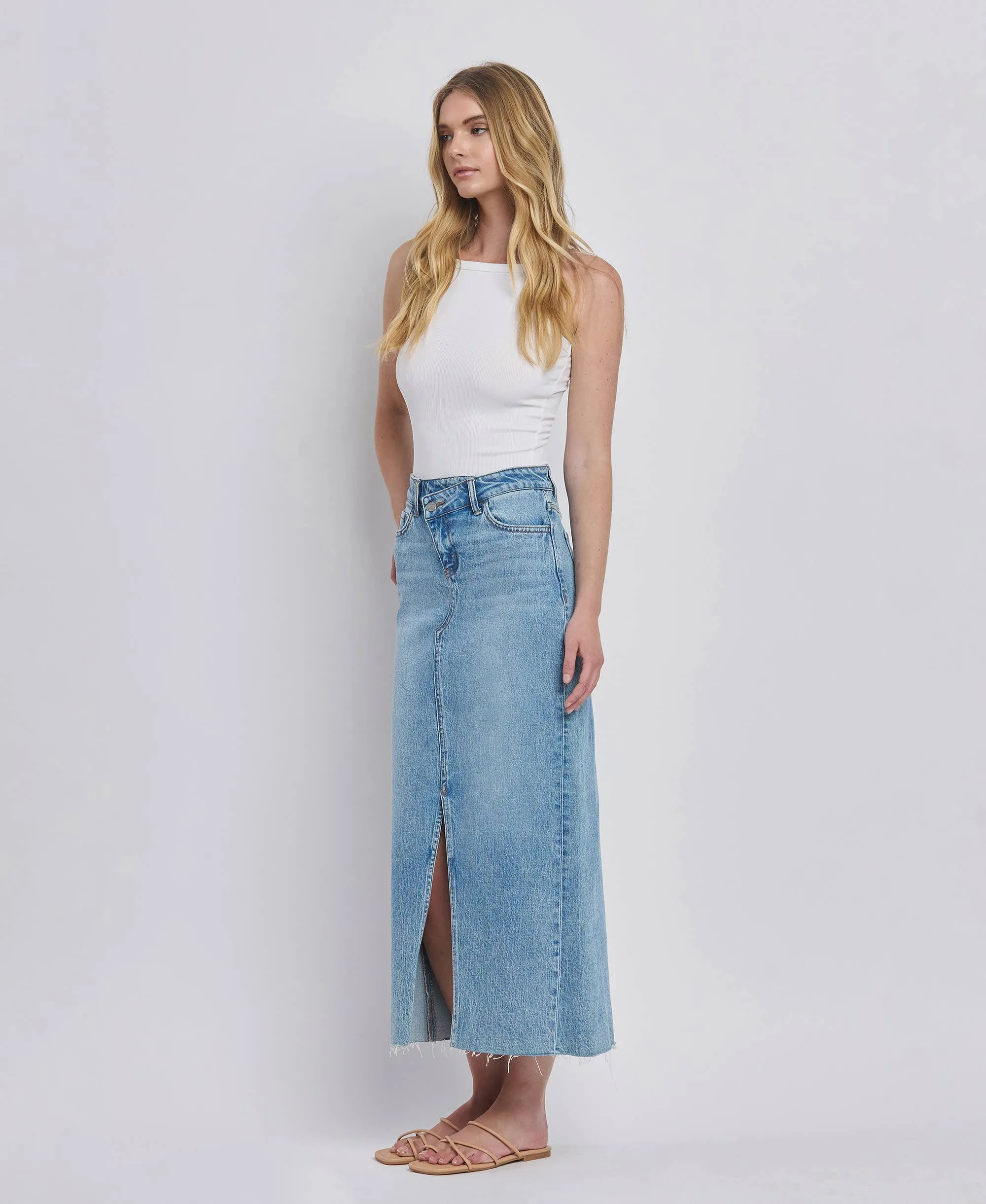Leave it All Behind Criss Cross Front Slit Maxi Denim Skirt