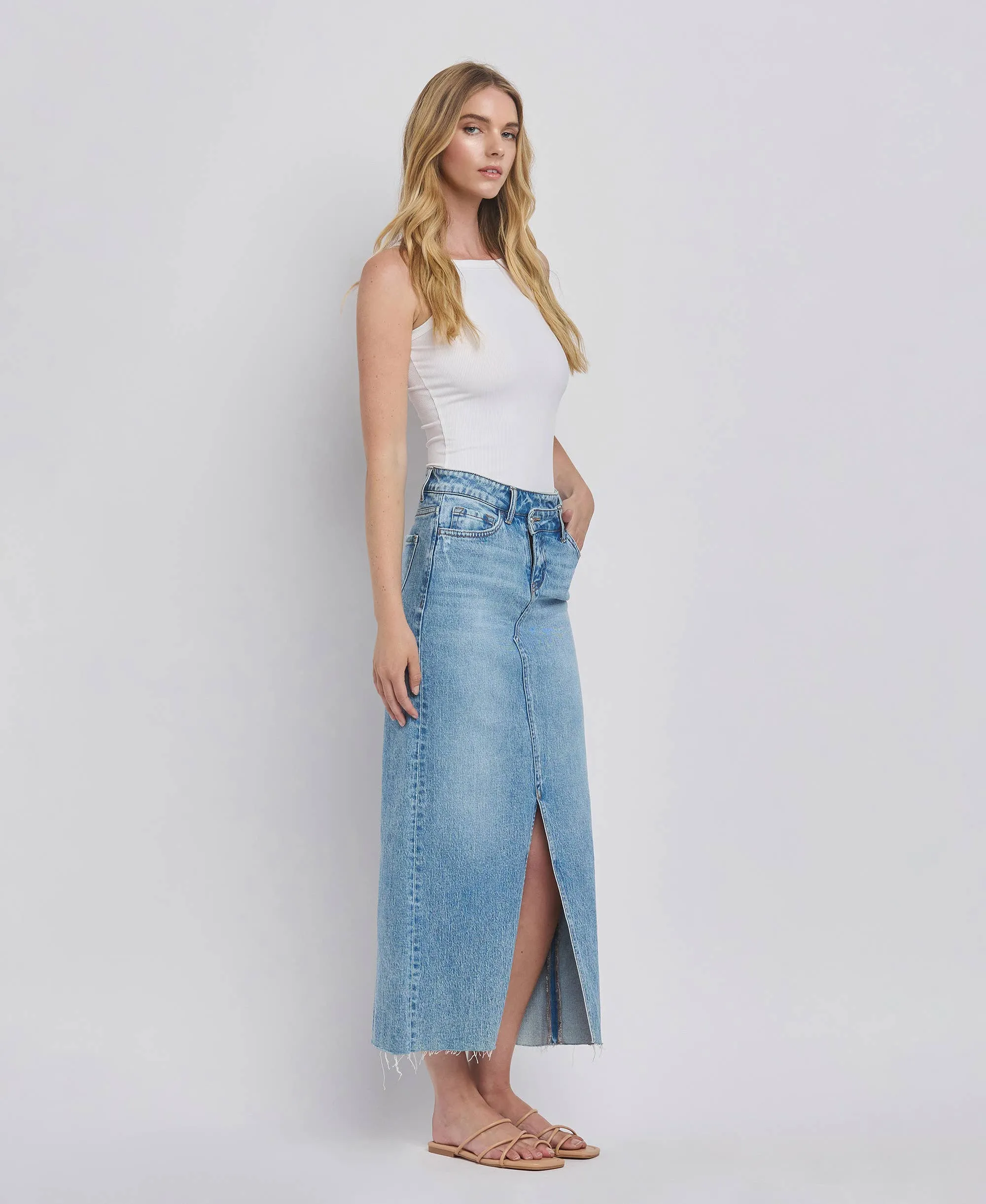Leave it All Behind Criss Cross Front Slit Maxi Denim Skirt