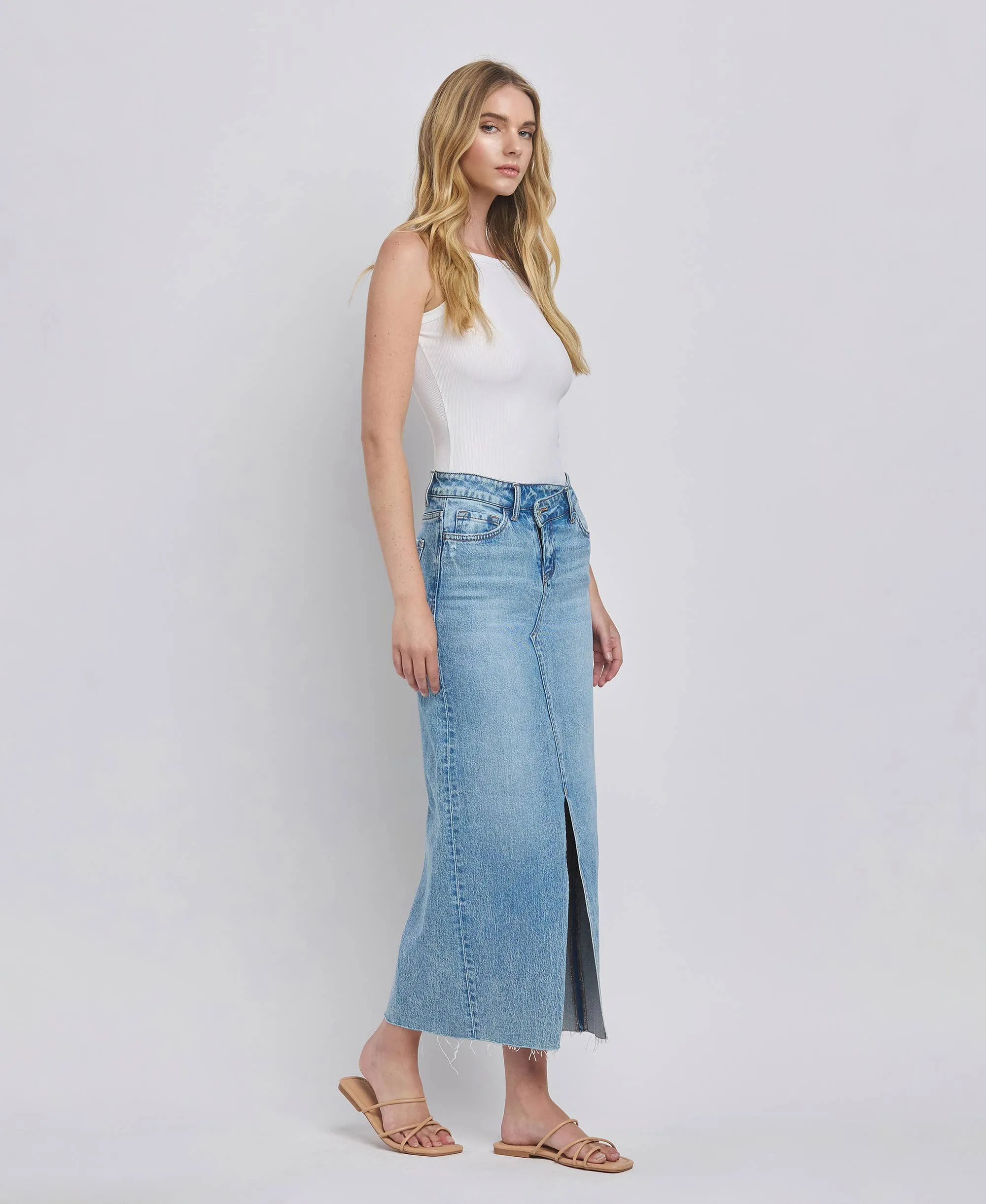 Leave it All Behind Criss Cross Front Slit Maxi Denim Skirt