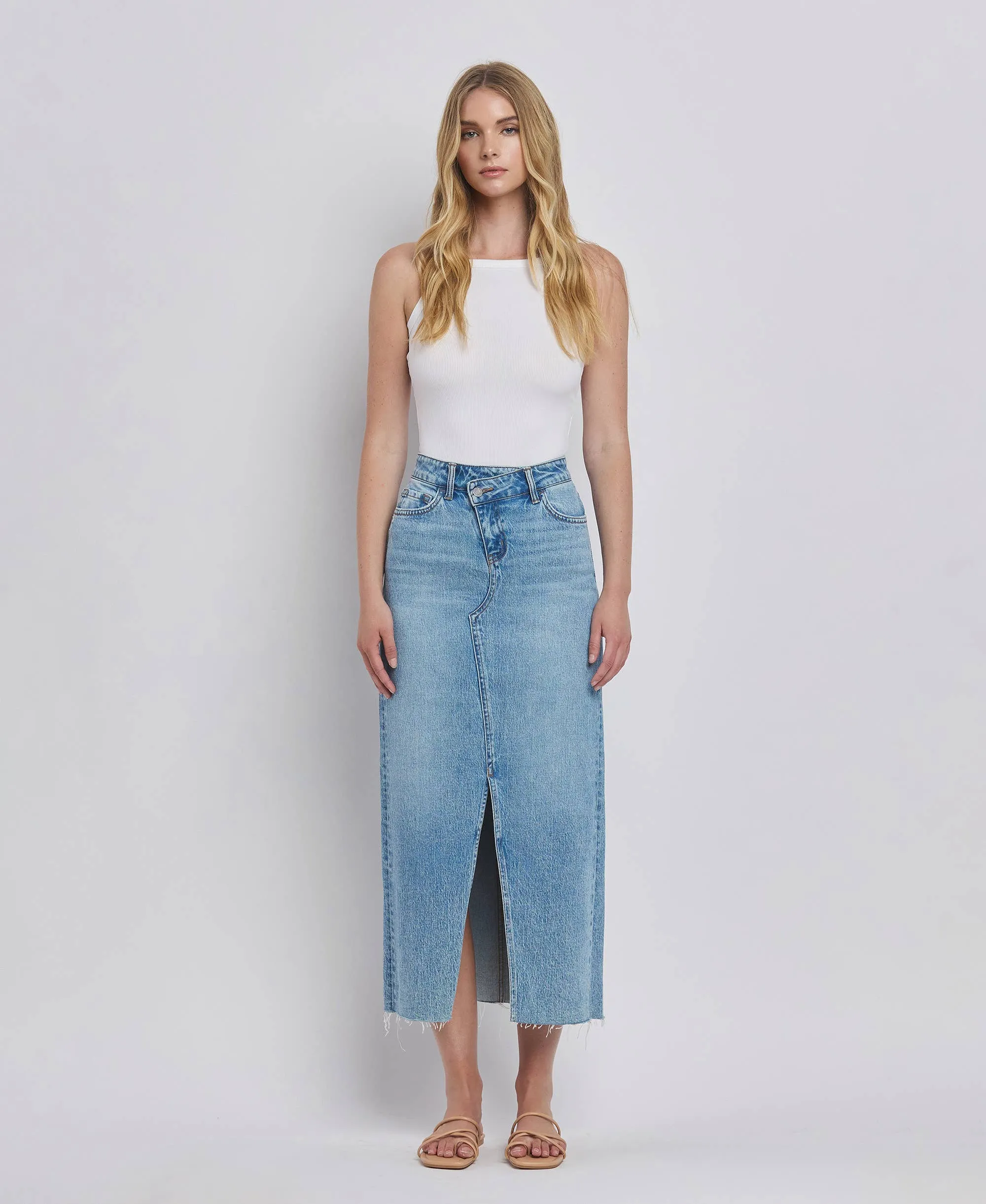 Leave it All Behind Criss Cross Front Slit Maxi Denim Skirt