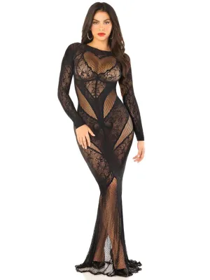 Leg Avenue Black Lace and Net Body Con Gown -  With Heart Keyhole Detail - Os