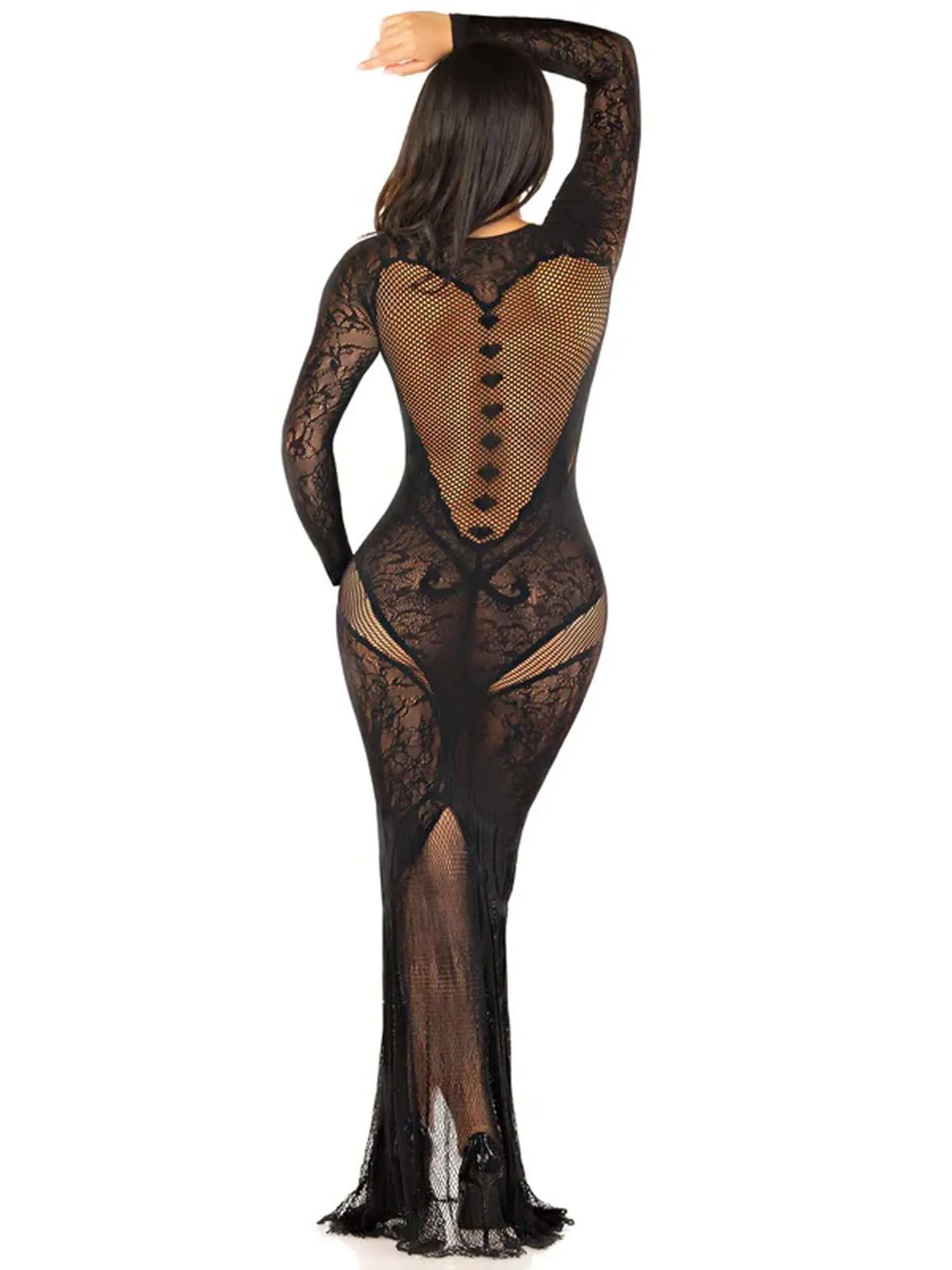 Leg Avenue Black Lace and Net Body Con Gown -  With Heart Keyhole Detail - Os