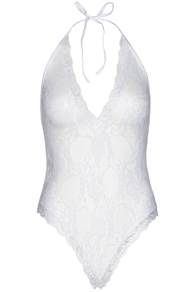 Leg Avenue Lace Deep-V Teddy and Stockings White