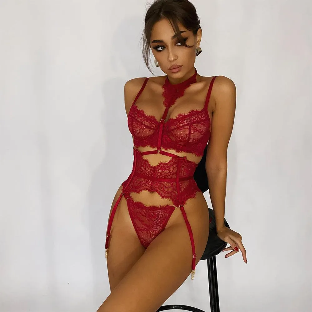 Lingerie 3-Pieces Transparent Bra Lace Suit Sexy Garter Belt