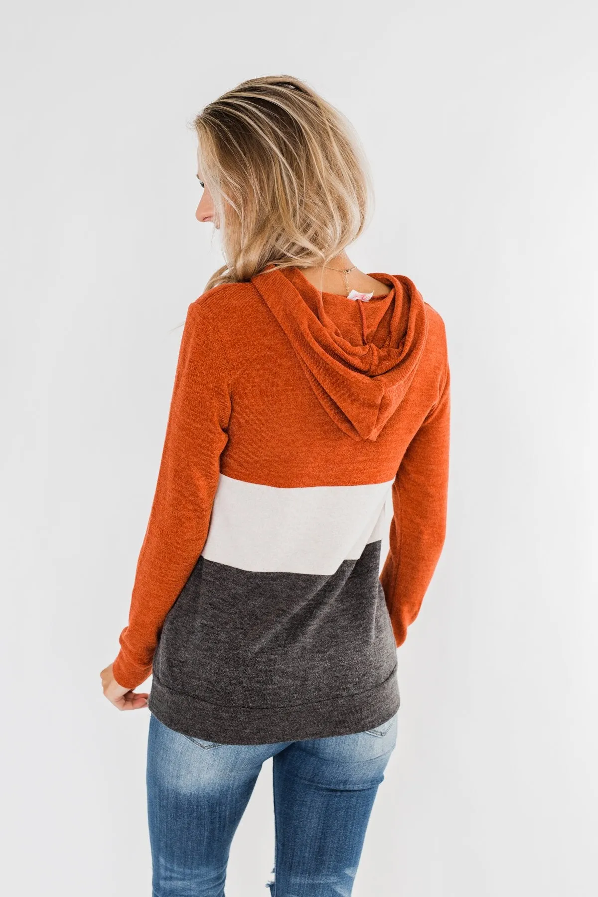 Make Me Smile Color Block Hoodie- Burnt Orange & Charcoal