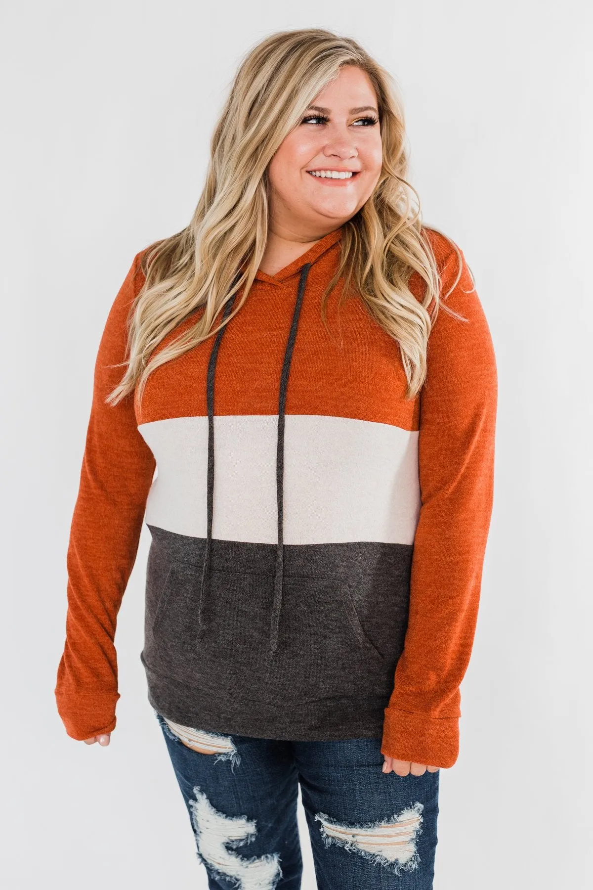Make Me Smile Color Block Hoodie- Burnt Orange & Charcoal