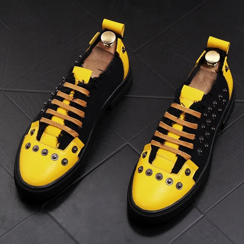 Men Fashion Causal Rivets Shoes Male Street Trend Retro Yellow Black Punk Style Loafers Men Luxury Brand Shoes