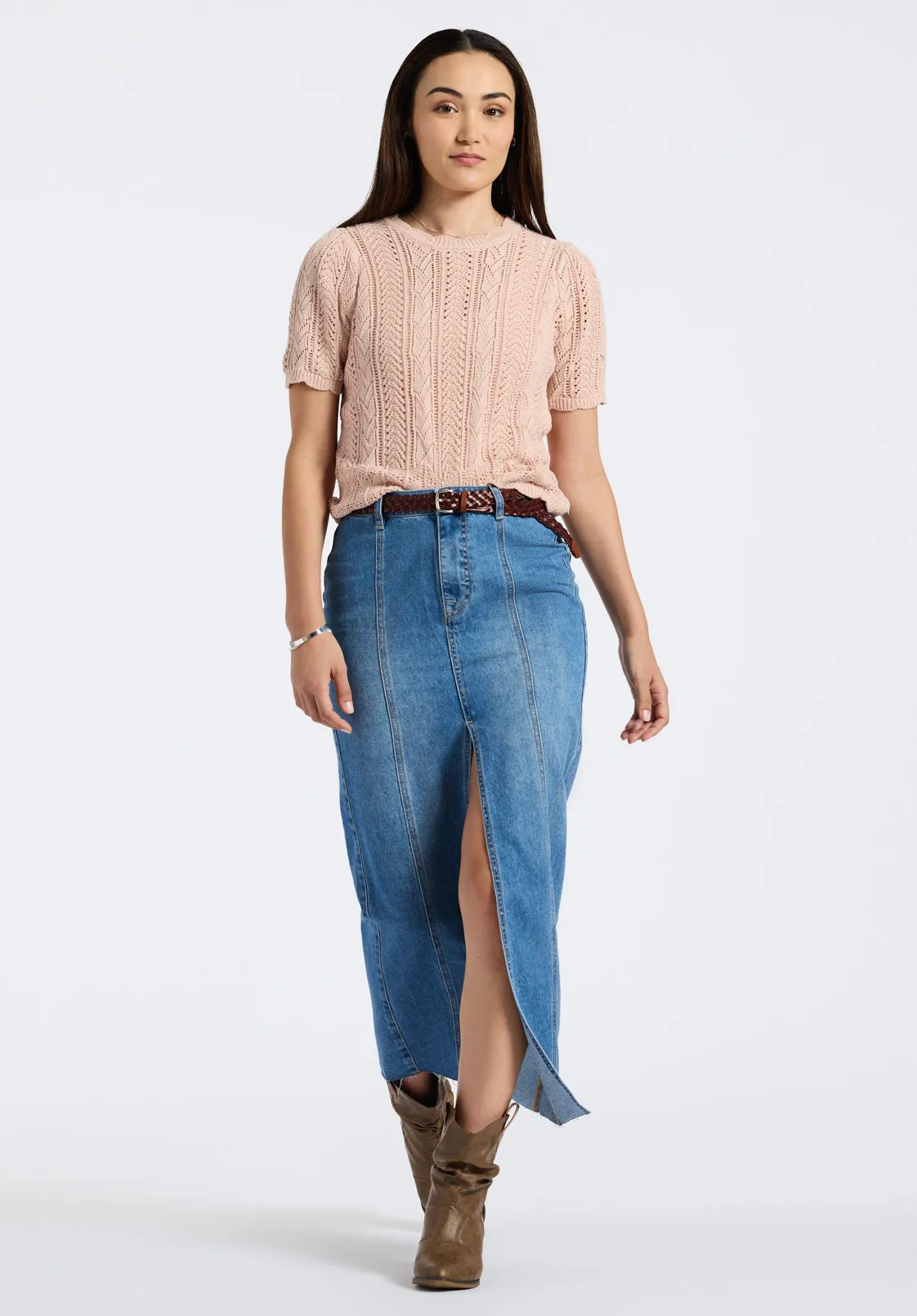 Mid Waist Maxi Skirt Sylvie, Whiskered and Worn Indigo - BL16031
