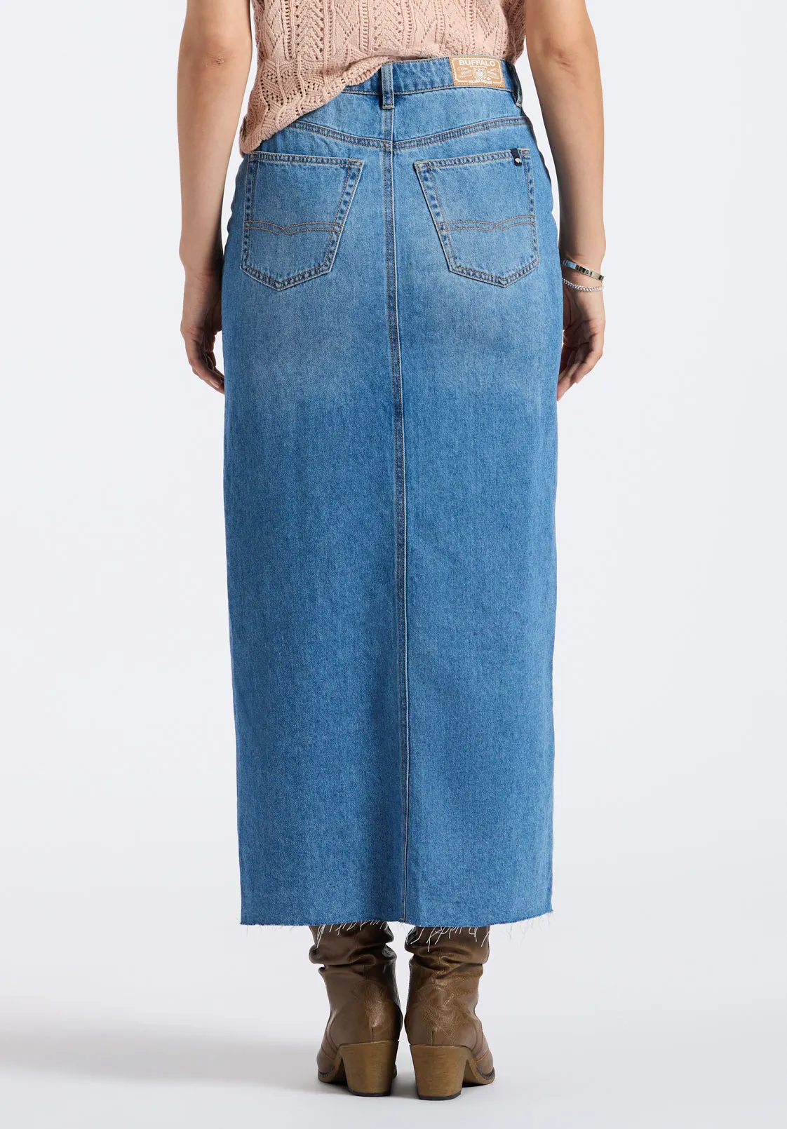 Mid Waist Maxi Skirt Sylvie, Whiskered and Worn Indigo - BL16031