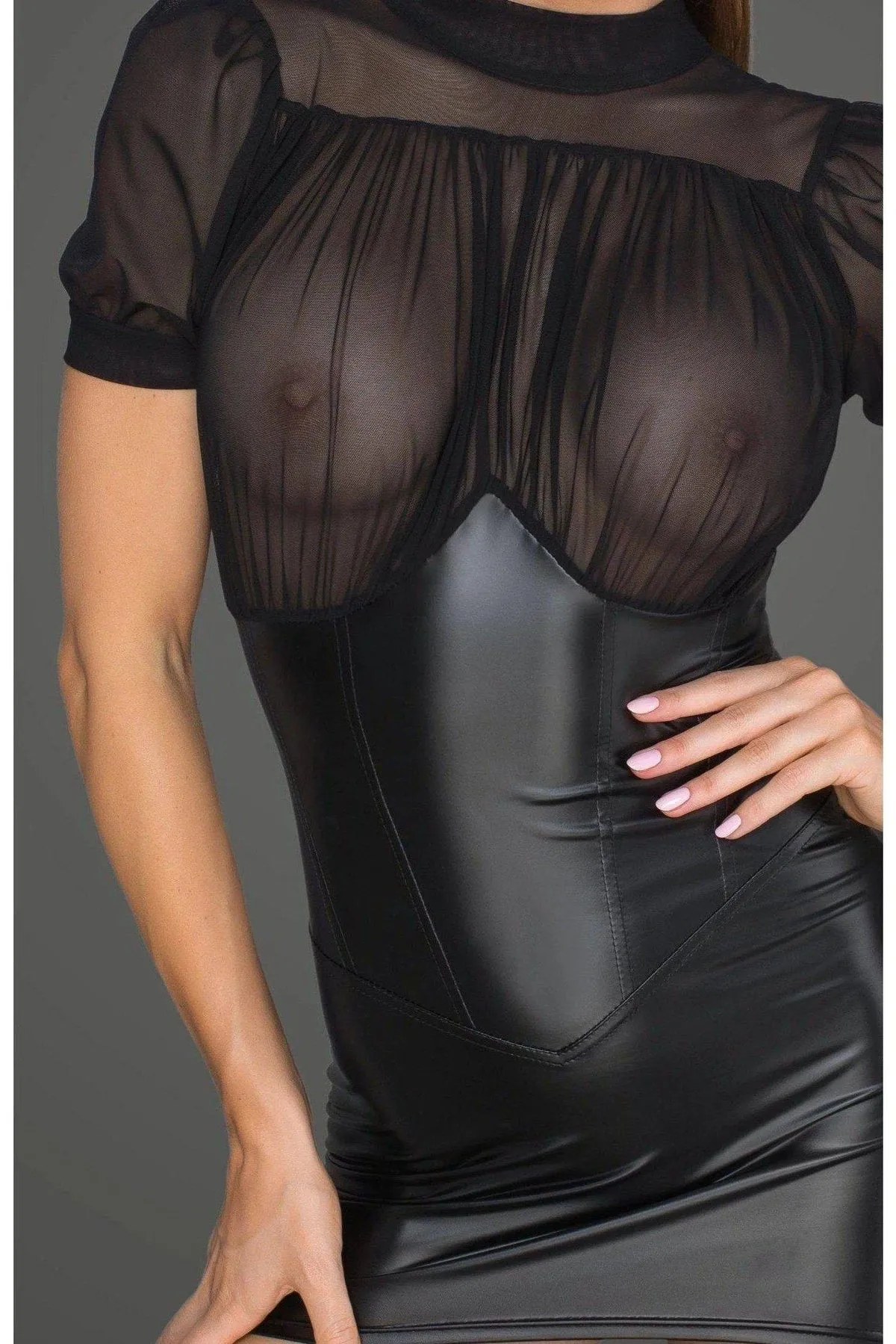 Minidress With  Tulle Top, Bouffant Sleeves & Corset Element