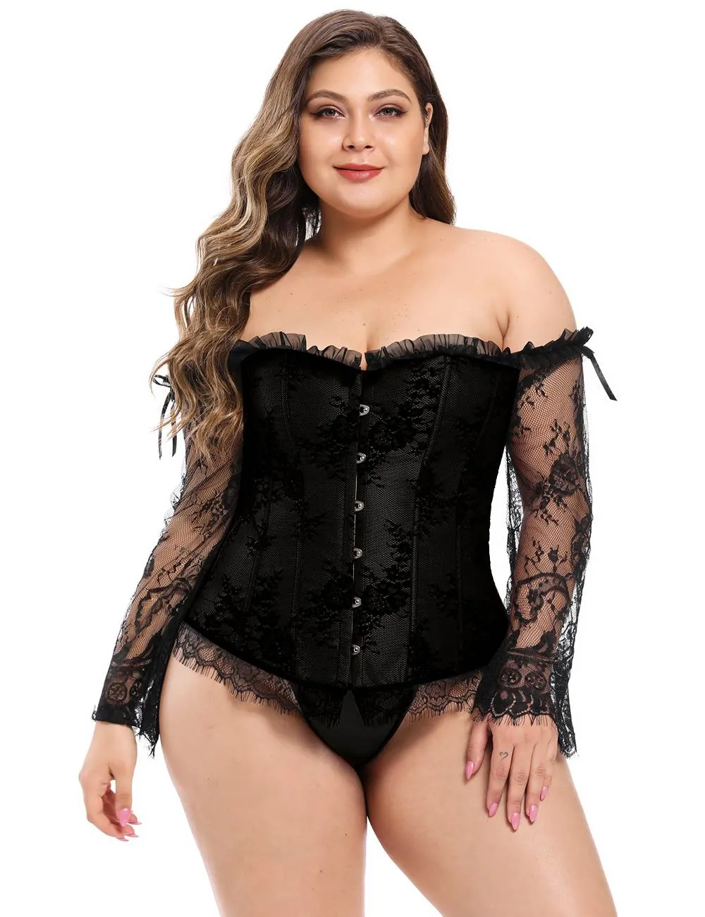 New Sexy Lace Sleeves Stitching Red Corset