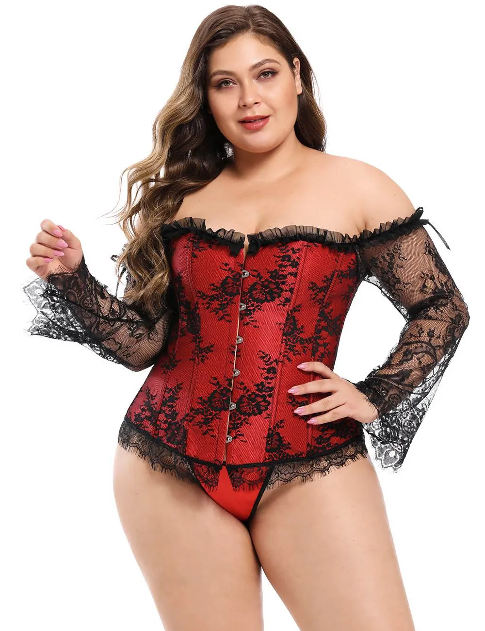 New Sexy Lace Sleeves Stitching Red Corset