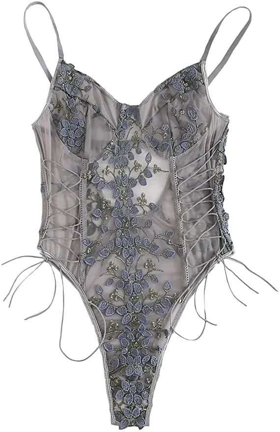 New SheIn Women's Mesh Sheer One Piece Sexy Lace Up Embroidered Teddy Lingerie Bodysuit, Grey, Sz M!
