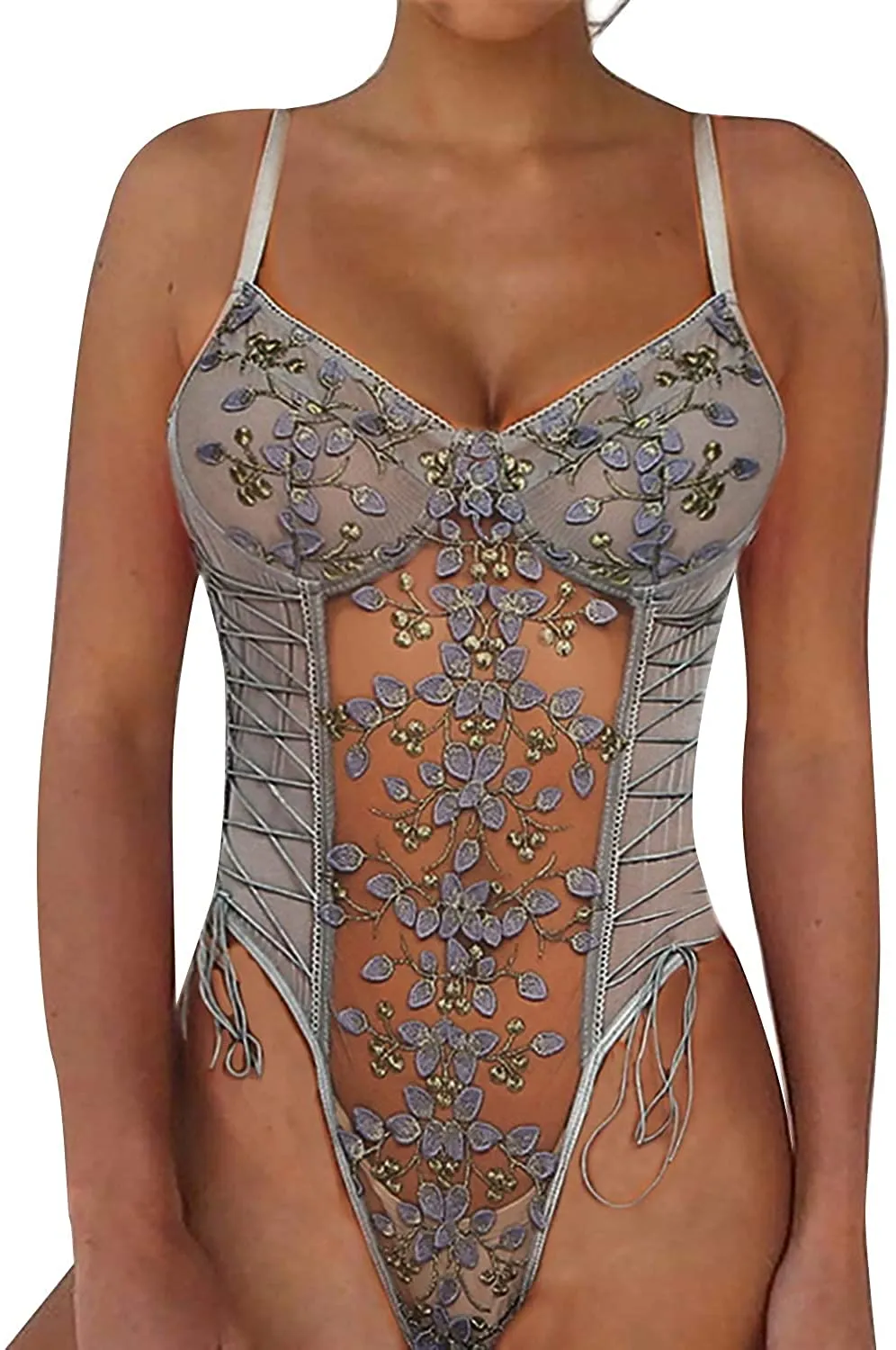 New SheIn Women's Mesh Sheer One Piece Sexy Lace Up Embroidered Teddy Lingerie Bodysuit, Grey, Sz M!