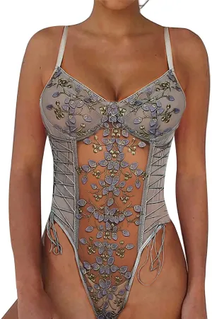 New SheIn Women's Mesh Sheer One Piece Sexy Lace Up Embroidered Teddy Lingerie Bodysuit, Grey, Sz M!