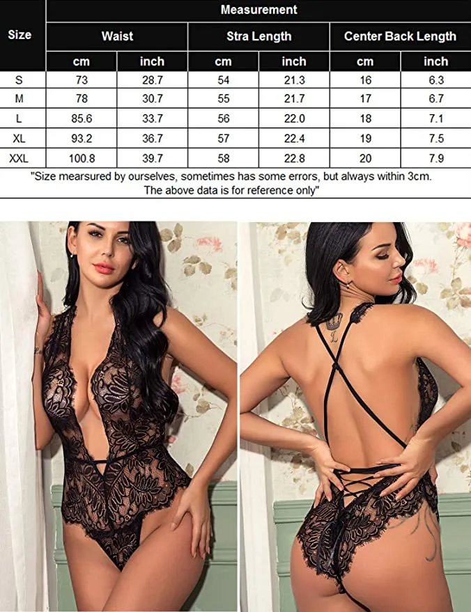 New with tags! Avidlove Women One Piece Lingerie Deep V Teddy Lace Bodysuit Mini Babydoll, Black, Sz L!