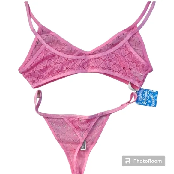 NWT Free People Intimately Size Large Pink Heart Lace Bralette Panty Set 2 Piece