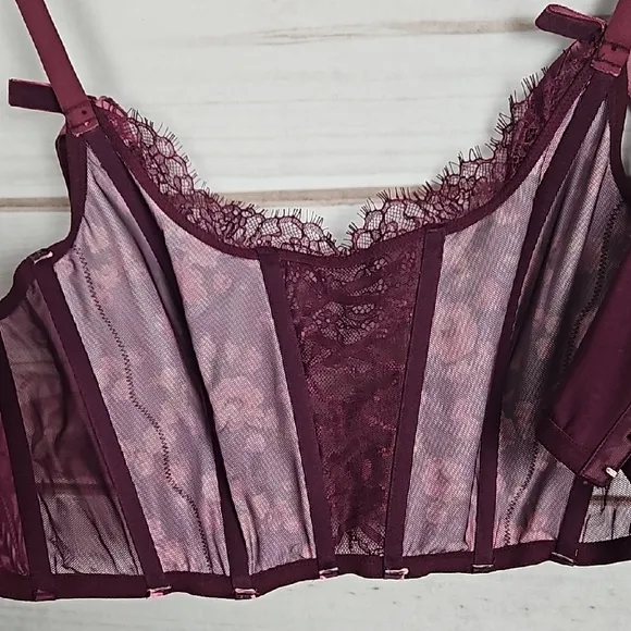 NWT Victoria's Secret Dream Angels Floral Bustier Unlined Bra Top in Burgundy