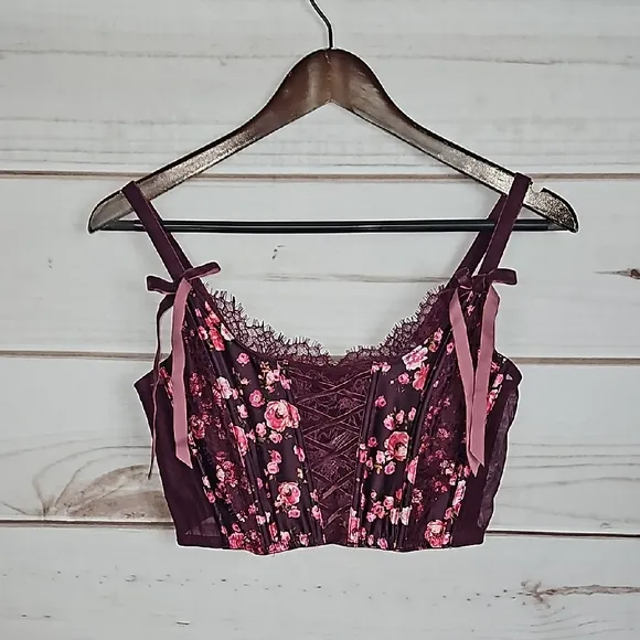 NWT Victoria's Secret Dream Angels Floral Bustier Unlined Bra Top in Burgundy