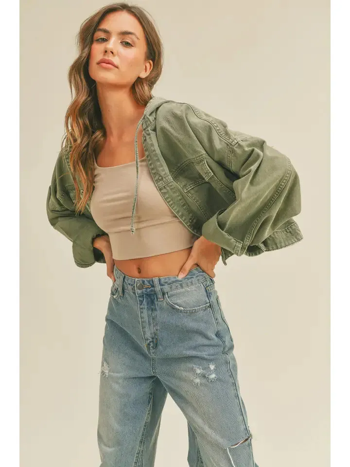Olive Washed Cotton Jacket with Hoodie