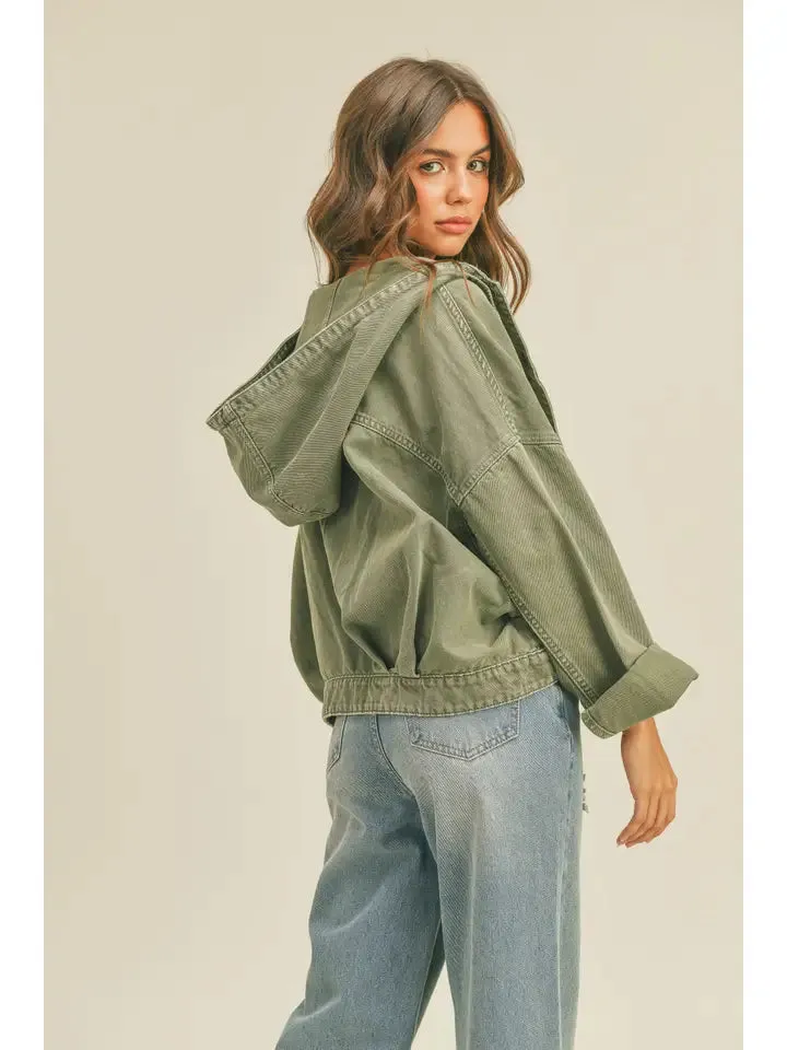 Olive Washed Cotton Jacket with Hoodie