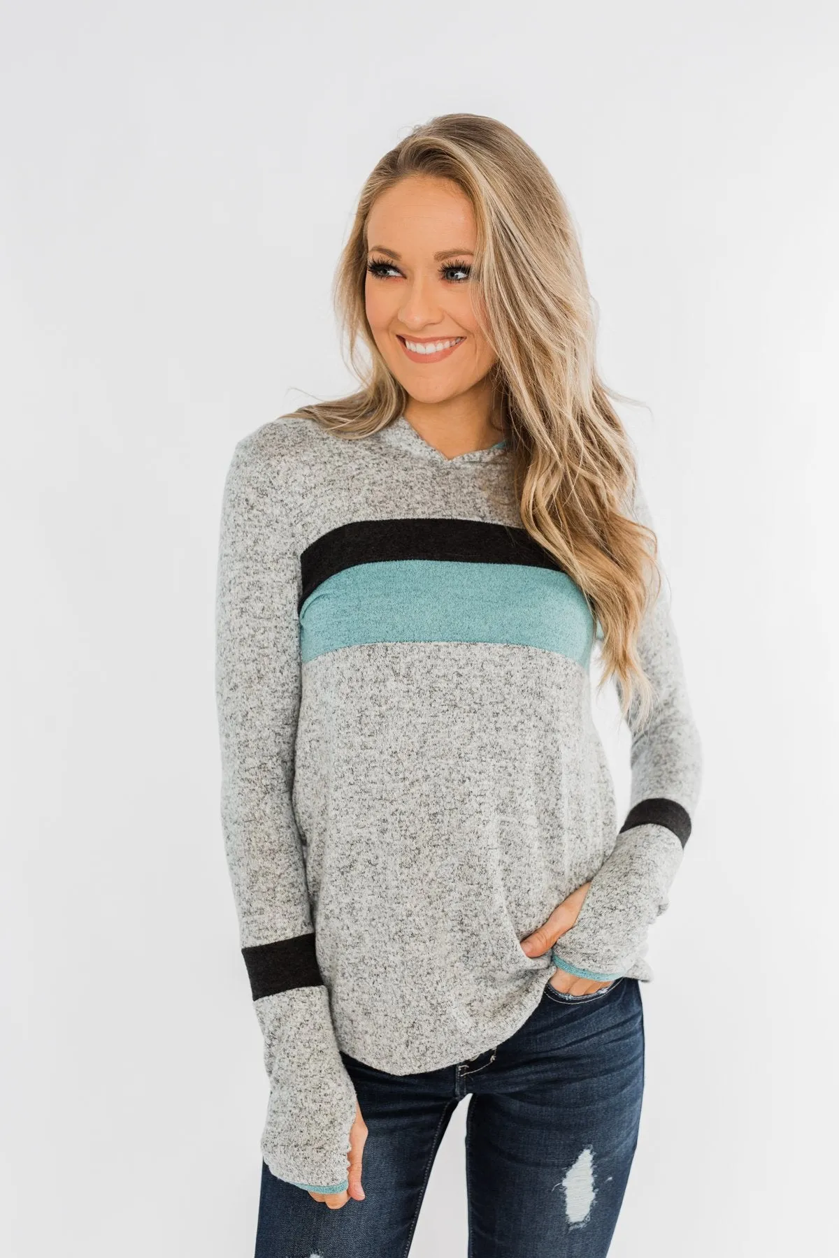 Only A Matter Of Time Hoodie- Heather Grey & Mint Blue