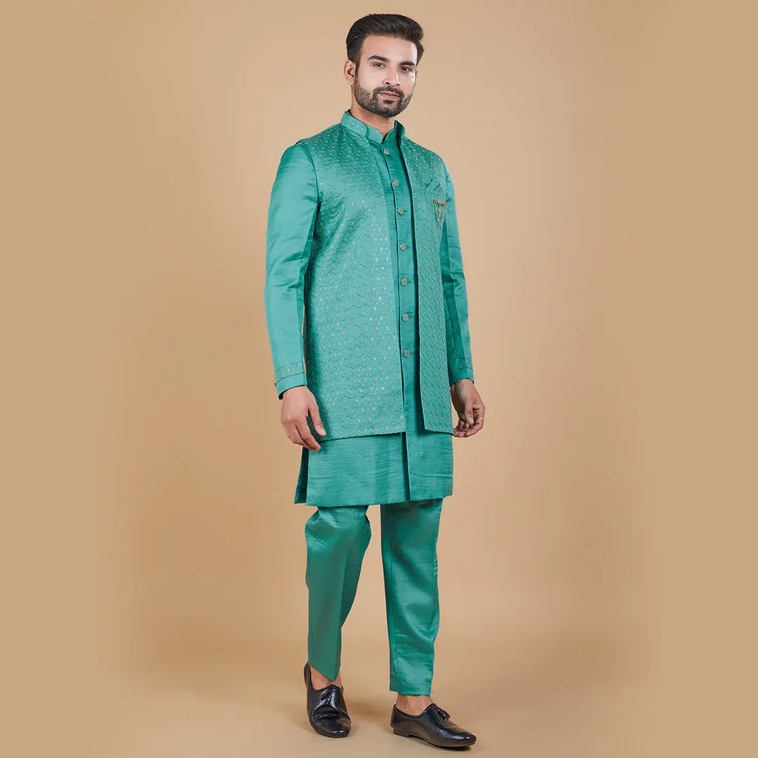 Parrot Green Indo-Western Ensemble with Long Jacket
