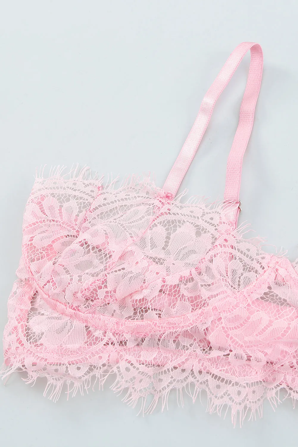 Pink Eyelash Trim Lace Bralette Set With Garter Belt