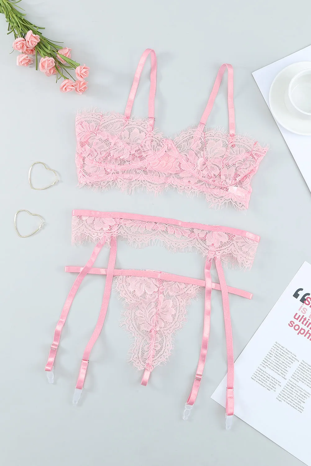 Pink Eyelash Trim Lace Bralette Set With Garter Belt