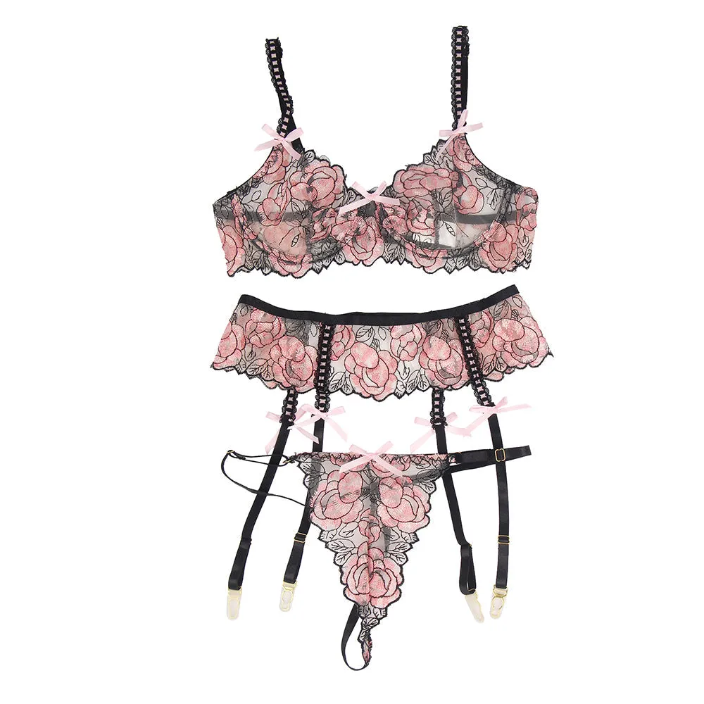 Pink Floral Lace Underwire Garter Bra Set Egypt