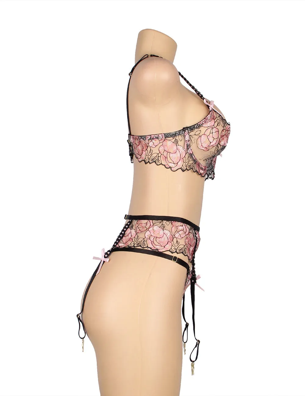 Pink Floral Lace Underwire Garter Bra Set Egypt