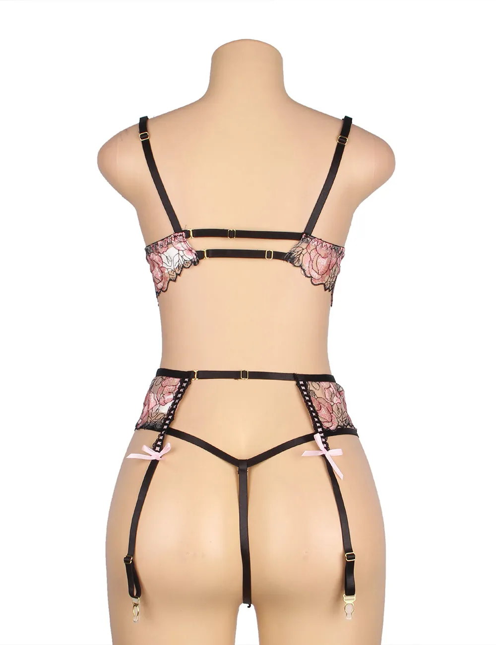 Pink Floral Lace Underwire Garter Bra Set Egypt
