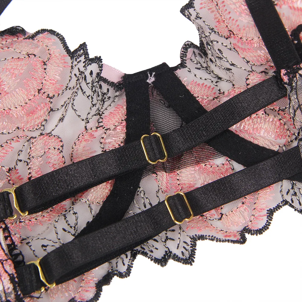Pink Floral Lace Underwire Garter Bra Set Egypt