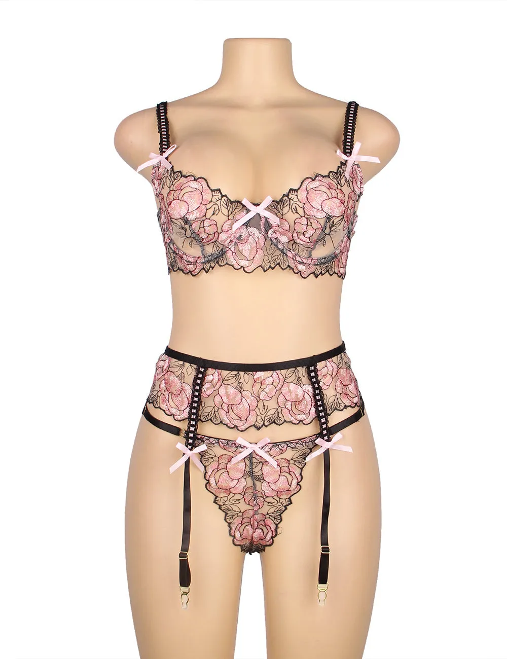 Pink Floral Lace Underwire Garter Bra Set Egypt