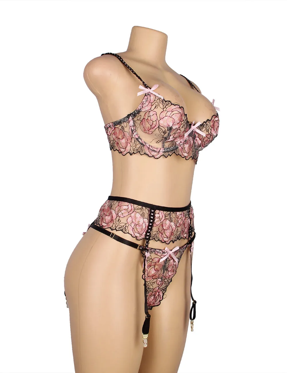 Pink Floral Lace Underwire Garter Bra Set Egypt