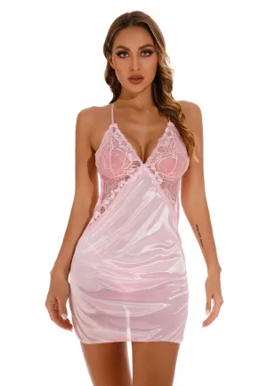 Pink Women's Elegantly Embroidered - Sleepwear Lingerie Bodysuits with G-String