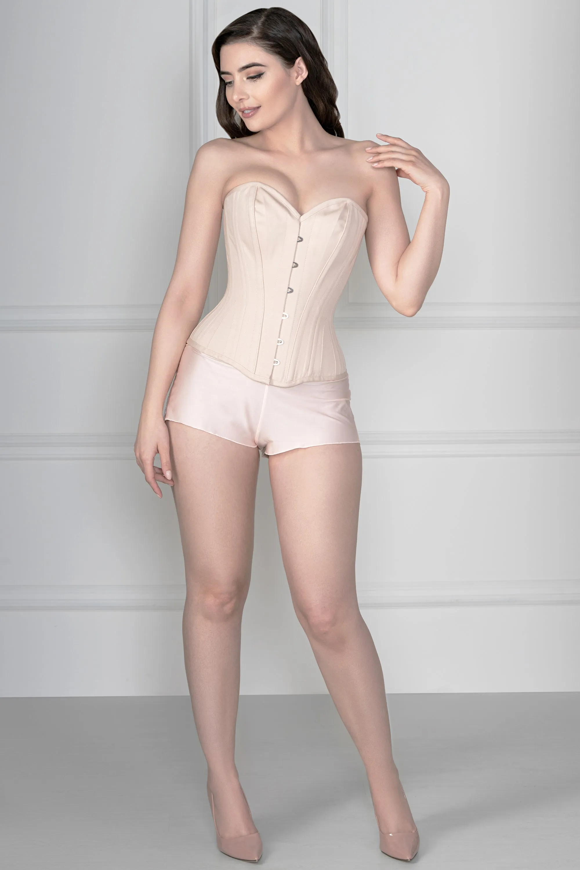 Pinky Beige Cotton Twill Classic Overbust Waist Trainer With Hip Gores