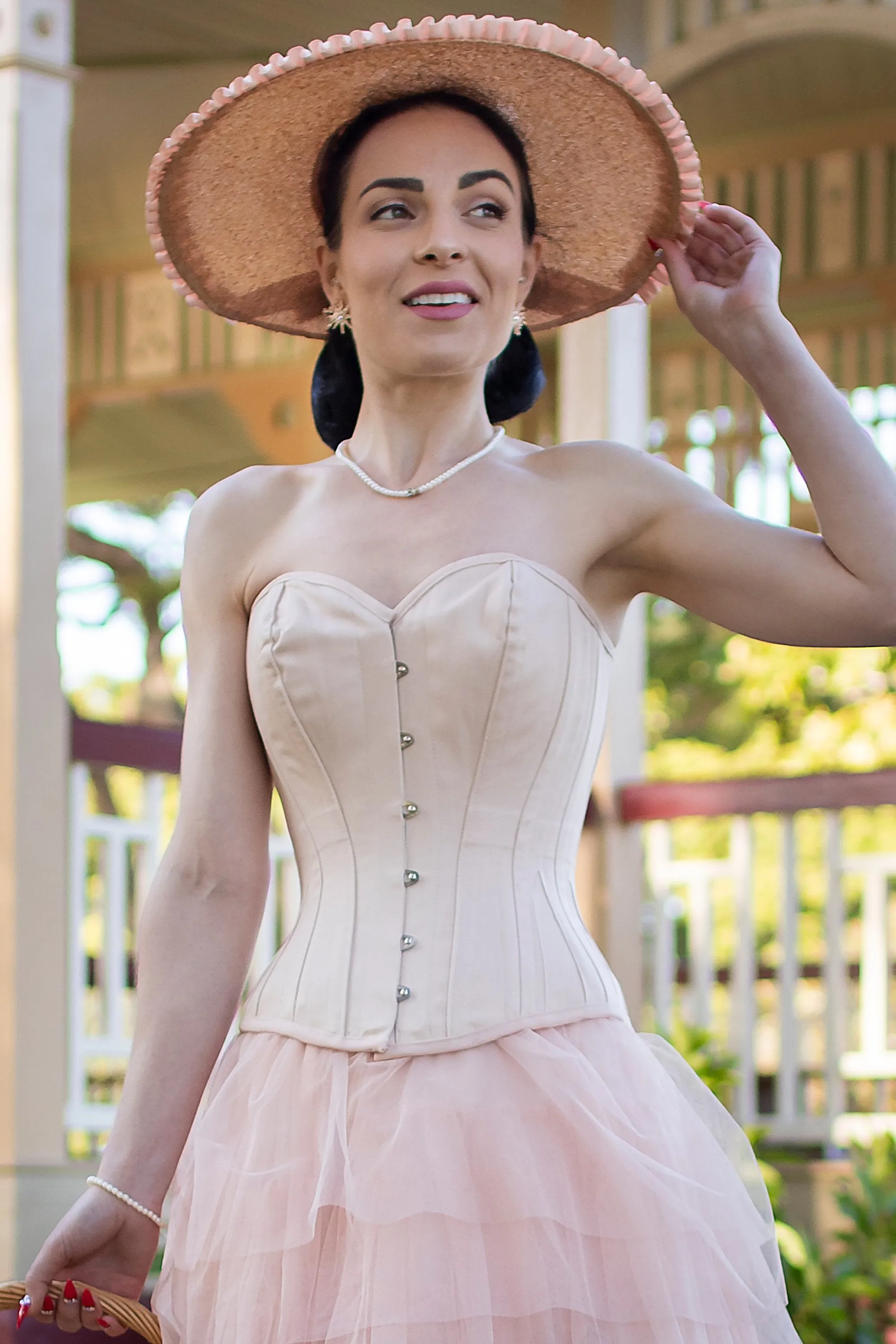 Pinky Beige Cotton Twill Classic Overbust Waist Trainer With Hip Gores