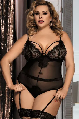 Plus Size Black Mesh and Lace Cut-Out Teddy