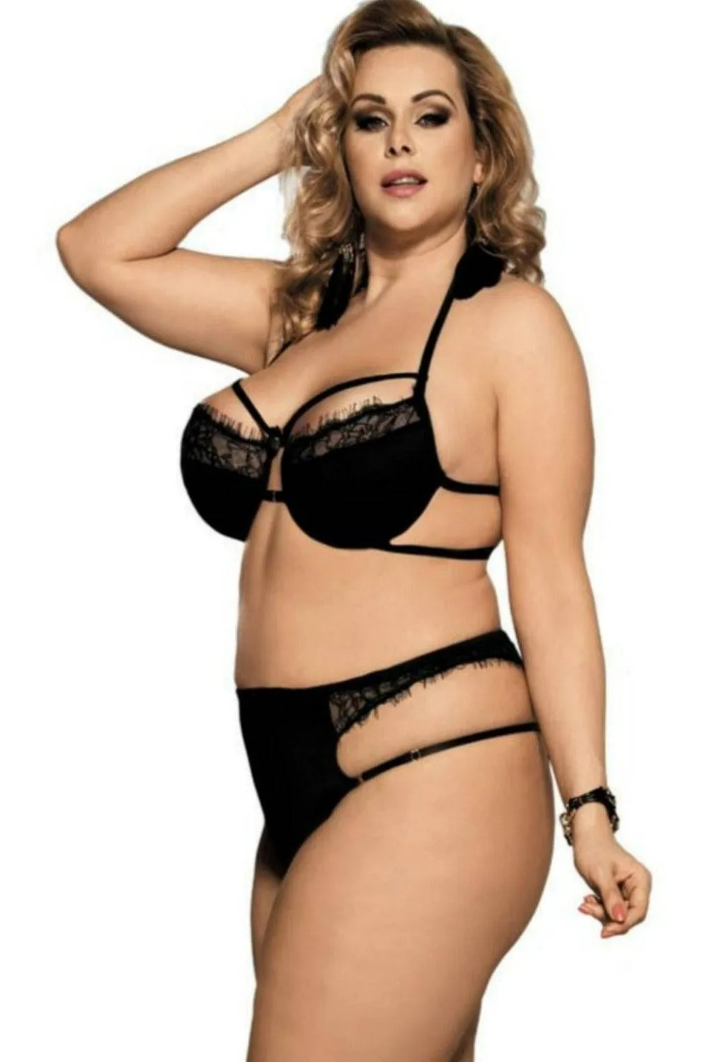 Plus Size Lace Lingerie Underwear Bra Set - Black