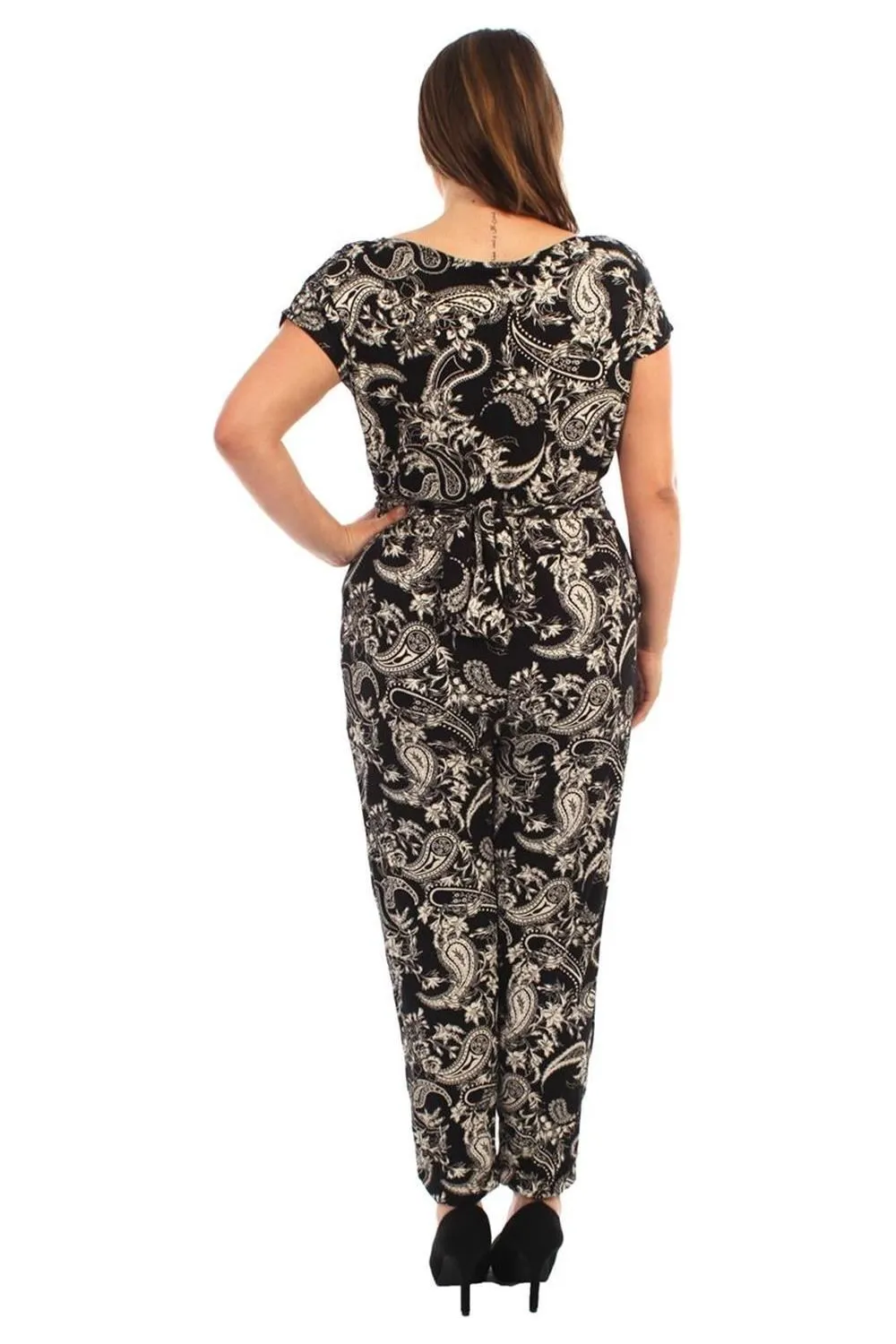 Plus Size Paisley Print Belted Jumpsuit