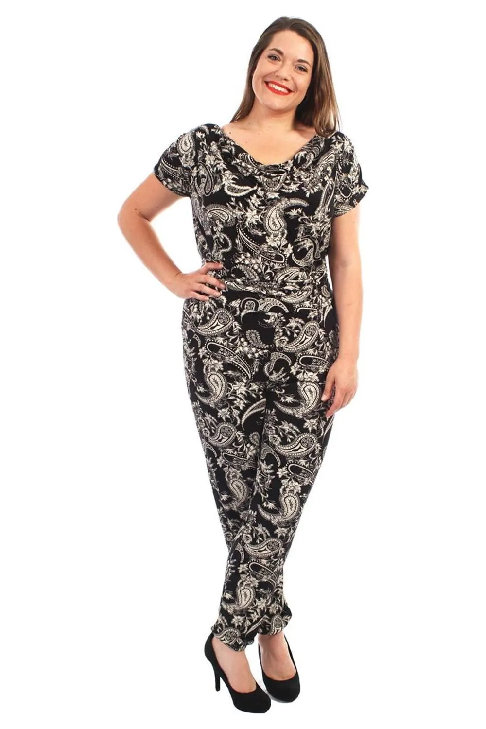 Plus Size Paisley Print Belted Jumpsuit