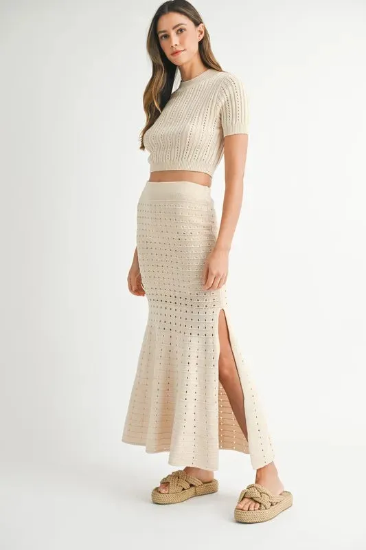 Pointelle Short Sleeve Crop Top and Slit Skirt Sweater Set
