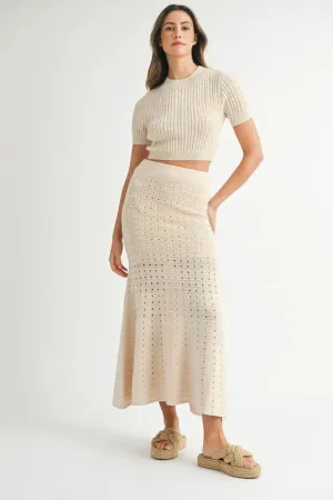 Pointelle Short Sleeve Crop Top and Slit Skirt Sweater Set