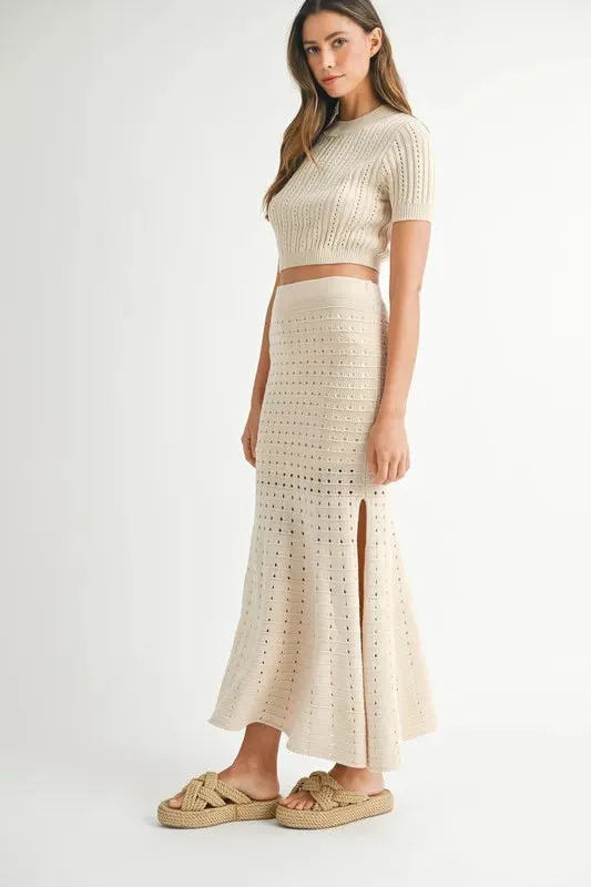 Pointelle Short Sleeve Crop Top and Slit Skirt Sweater Set