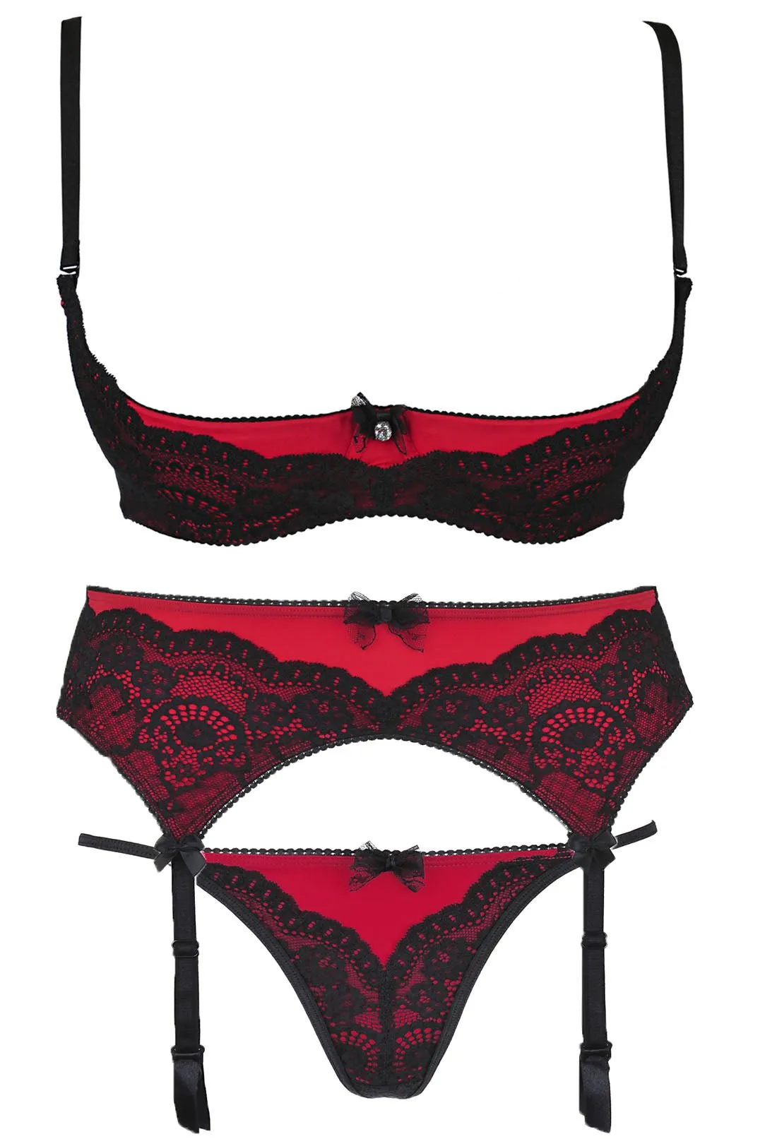 Red & Black Lace Quarter Cup Suspender Set