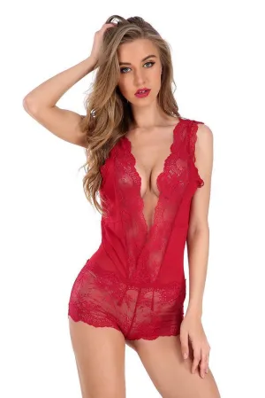 Red Deep V-Neck 1 Piece Womens Dress Lace Fishnet Teddies - Sleepwear Lingerie Bodysuits with