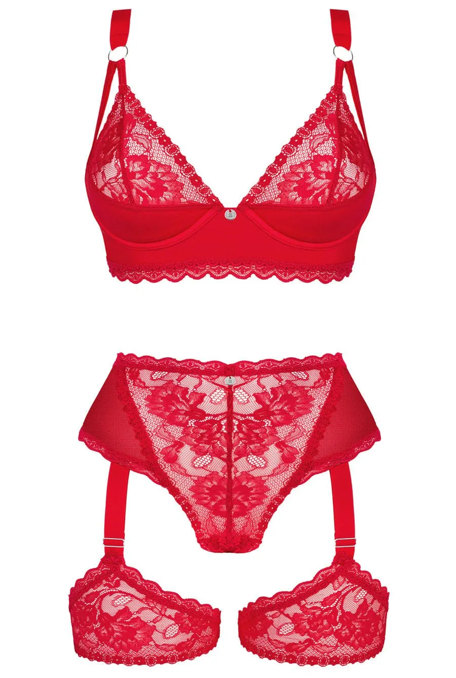 Red Underwire Bra Set With Garters